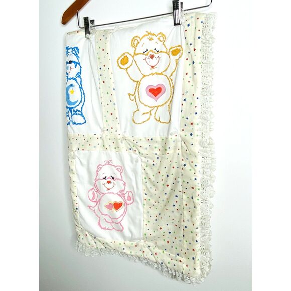 VTG Handmade Off White Care Bear Lace Quilt Blanket Double Sided Kids 29"x52" - Picture 1 of 9